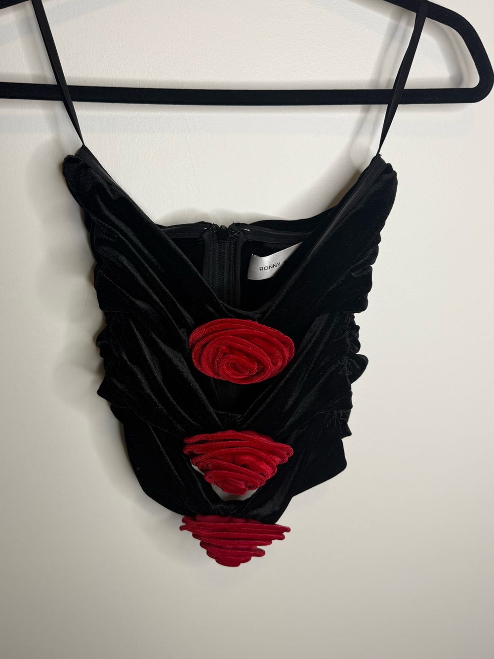 Ronny Kobo Collection Black Velvet Red Rosette Details strapless top rose medium